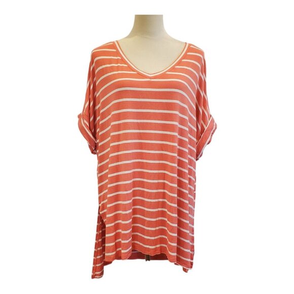2 ZENANA SZ 1X Rolled Short Sleeve V-Neck Tops Coral Stripe & Olive Brown - Picture 2 of 10